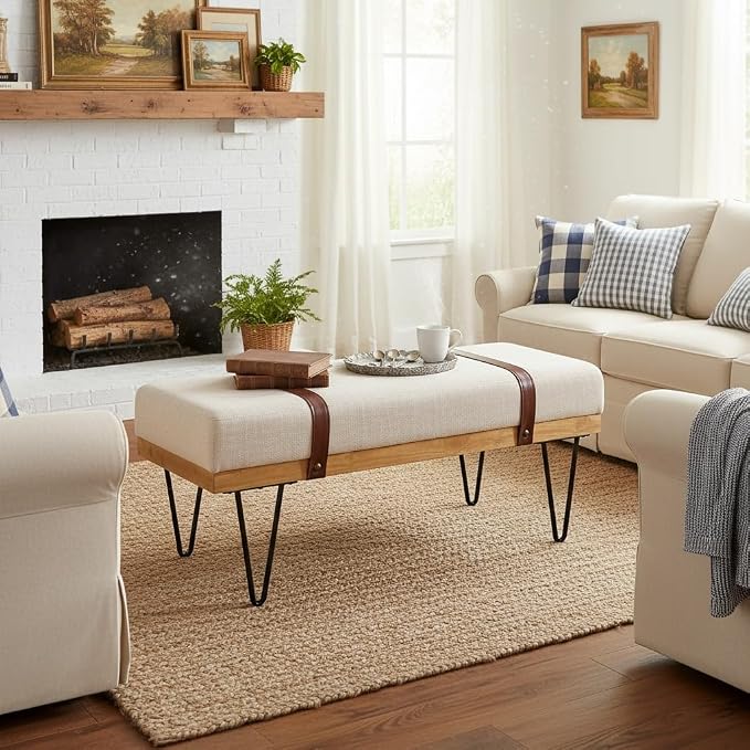LukeAlon 44" Upholstered Storage Bench, Modern Linen Ottoman with Straps & Metal Hairpin Legs, Industrial Entryway Bench for Bedroom End of Bed, Living Room, Dining Room, Beige - Image 7