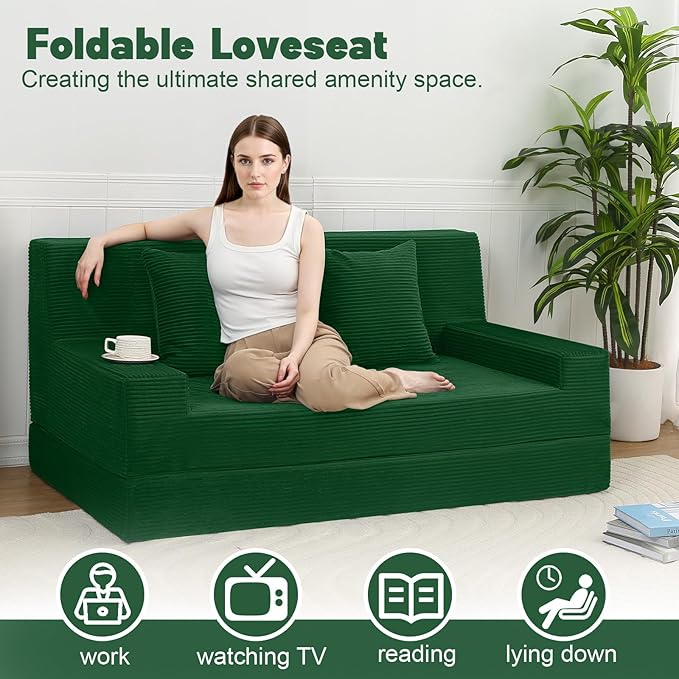 MeMoreCool Corduroy Loveseat Sleeper Sofa – Green Boneless Fold-Out Couch Bed with Foam Core, Convertible Floor Futon with Pillow & Washable Cover for Small Spaces, Bedroom, Guest Room