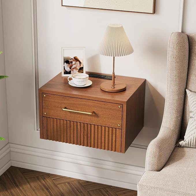 JOINICE Floating Nightstand Set of 2, Mid Century Modern Wall Mounted Bedside Table with Charging Station, Fluted End Table with Storage Drawers for Bedroom, Home Small Space, Cherry, 2 PCS - Image 7