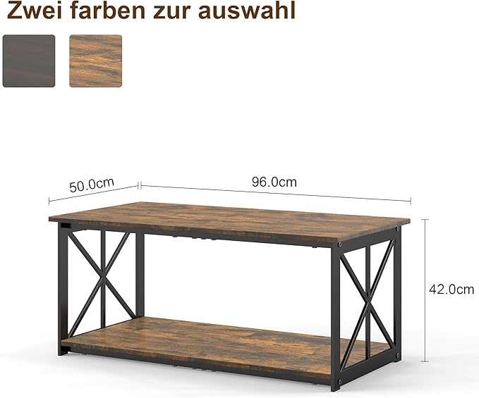 Rectangle Coffee Table for Living Room, Wood Rustic Coffee Table with 2 Tier and Metal Frame, Industrial Modern Center Table, Rustic Brown