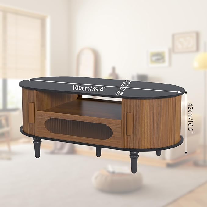 Fluted Round Coffee Table with Storage, Modern Oval Coffee Table with Drawer, Sliding Door, Low Small Center Tables for Living Room, Wooden Boho, Mid Century, Unique, Black and Walnut