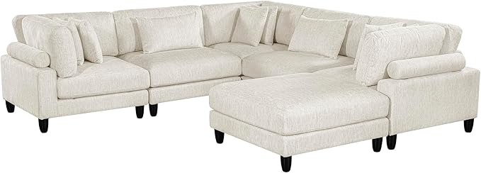 Lexicon 120 Inch Modular Sectional Sofa - Oversized 6 Seater Microfiber U Shaped Sectional Couch with Ottoman, 8 Accent Pillows, and Flexible Arrangement for Modern Living Rooms, Beige