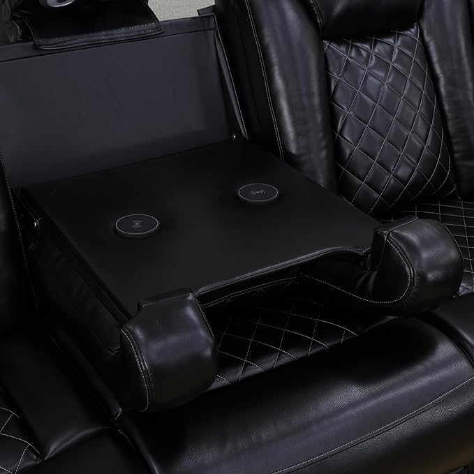 Power Recliner Living Room Set with LED, Breathing Leather Reclining Sectional Sofa Couches for Home Theater with Cup Holder, Storage Consloe, USB Charge