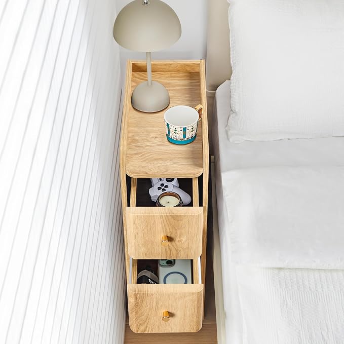 Small Nightstand Set of 2, Wood 2 Drawer Narrow Nightstand, Slim Side Table, Modern Skinny End Bedside Table, Natural Wood Night Stand with Drawers for Bedroom (Natural-2 pcs) - Image 6
