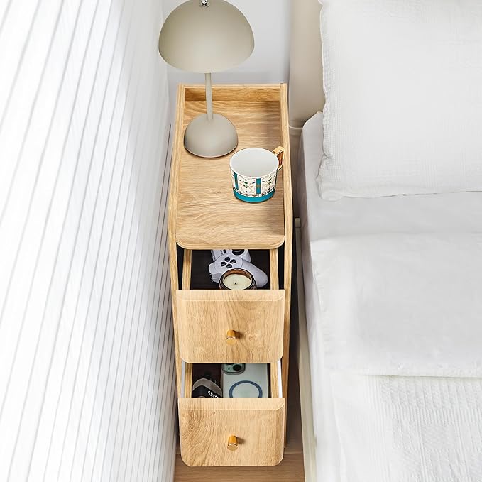 Narrow End Table Bedroom, Wooden Small 2 Drawer Nightstand, Thin Couch Side End Table, Skinny Bedside Table Small Spaces, Mid Century Modern Night Stand with Drawers (Natural-1 pc) - Image 2