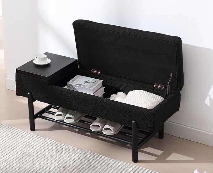 Shunzhi Modern Entryway Storage Bench, Upholstered Shoe Ottoman Bench, Sherpa Flip-Top End of Bed Bench with Wood Shelf/Coffee Table for Living Room/Bedroom/Hallway/Under Window,46.5 Inches,Black Fur - Image 7