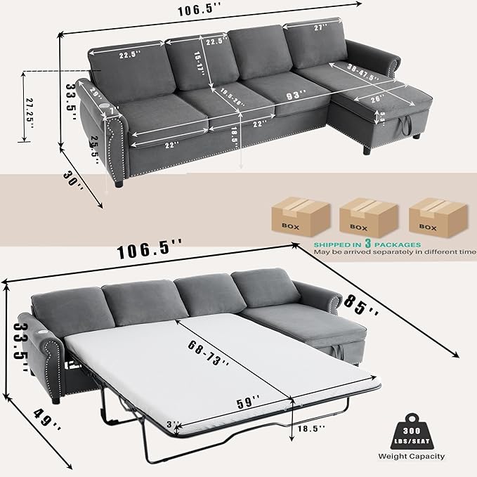 ERYE L-Shaped Reversible Sectional Sofa with Pull Out Queen Memory Mattress Sleeper Bed, 2-in-1 L-Shaped Corner Sectional Couches W/Wireless Charging, Storage Chaise Lounge