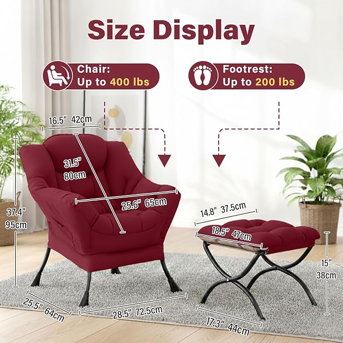Lazy Chair and Ottoman, Large Burgundy Accent Chair with a Side Pocket, Modern Leisure Upholstered Reading Armchair with Footrest for Office, Bedroom, Living Room, Dorm Rooms, Balcony