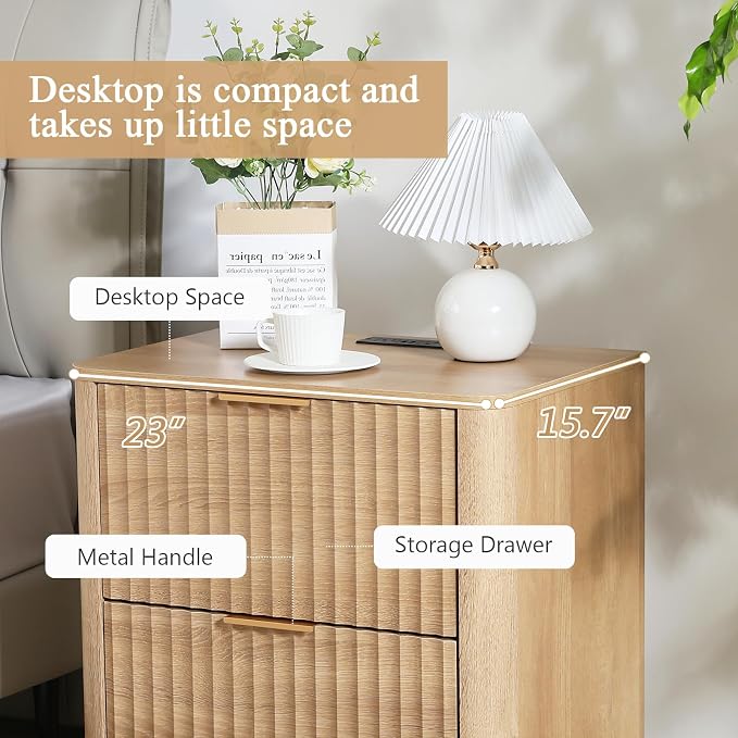 Fluted Nightstand with Charging Station, 23" Night Stands with 2 Drawers, Wood End Table with Storage, Oak Bedside Cabinet for Bedroom - Image 5