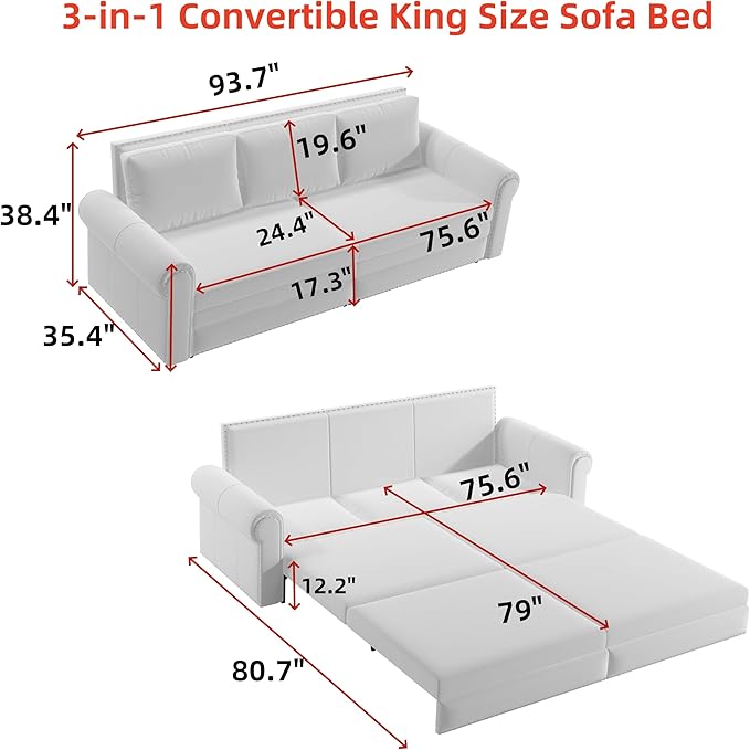 Eafurn 93.7" King Size Pull Out Sofa Bed, 3-in-1 Convertible Sleeper Sofa Couch Bed with Nailhead Decor and Rolled Arms, Velvet Oversized Chesterfield Loveseat Chaise Lounge