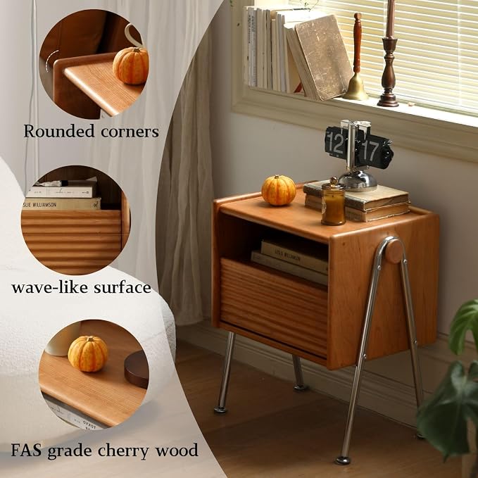 Cherry Wood Nightstand, Wooden Side Table with Drawer, Vintage Night Stand with Metal Legs, Couch End Table, 22" Tall Night Stand Open Shelf, Small Bedside Table for Bedroom, Dorm(Brown) - Image 4