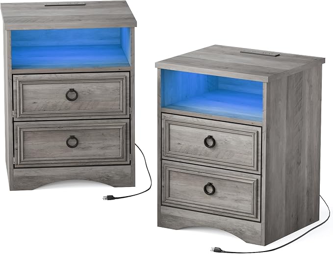 LGHM Set of 2 Nightstand with Charger Station Strip Lights, Large Night Stand with 2 Drawers,17.7" W Accent Bed Side Table and End Table with Large Open Compartment for Bedroom, Living Room,Gray by WelcometoLGHMHome