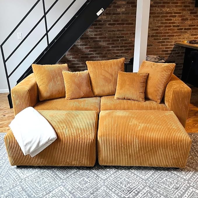Acanva Corduroy Convertible Modular L Shaped Sectional Sofa, 4 Seater Free Combination Corner Couch, Convertible to DayBed, Wide Loveseat with Moveable Ottomans for Small Spaces, Sleeper Bed, Yellow