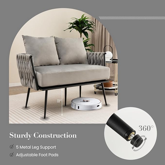 KOMFOTT 43” Loveseat Sofa, Modern Upholstered 2-Seat Sofa with 2 Back Pillows, Woven Backrest & Armrest, Mid Century Modern Dutch Velvet Sofa for Living Room Bedroom Apartment (Gray)