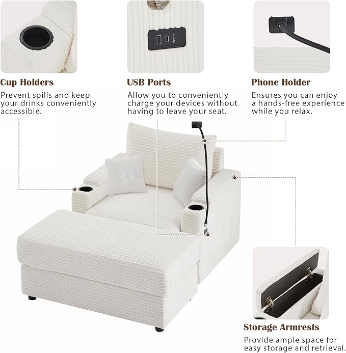 Merax Modern Upholstered Indoor Chaise Lounge with A Phone Holder, Charge Station & Cup Holders, Single Sofa Couch with Armrest and A Movable Ottoman, Beige