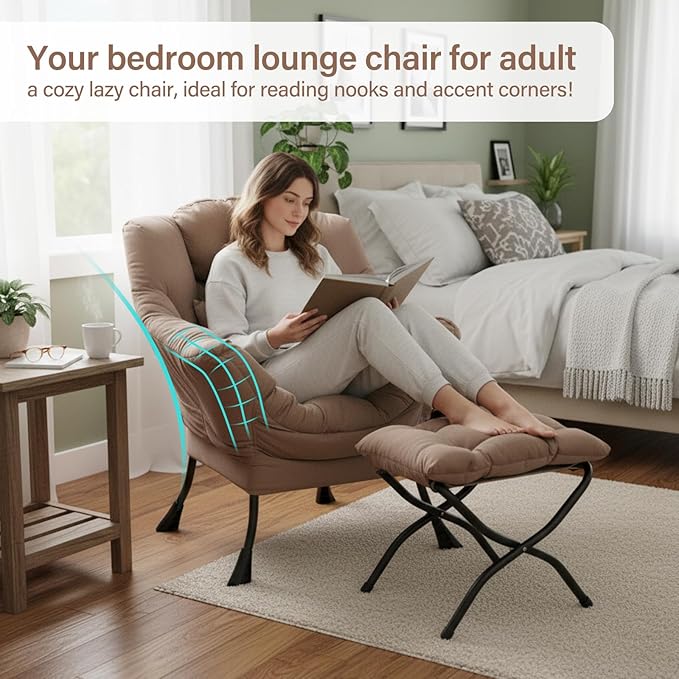 Lazy Chair with Ottoman, Modern Accent Chair with Lumbar Pillow, Velvet Khaki Sofa, Armchairs with Folding Footrest, Oversized Supportive Chairs for Bedroom, Reading