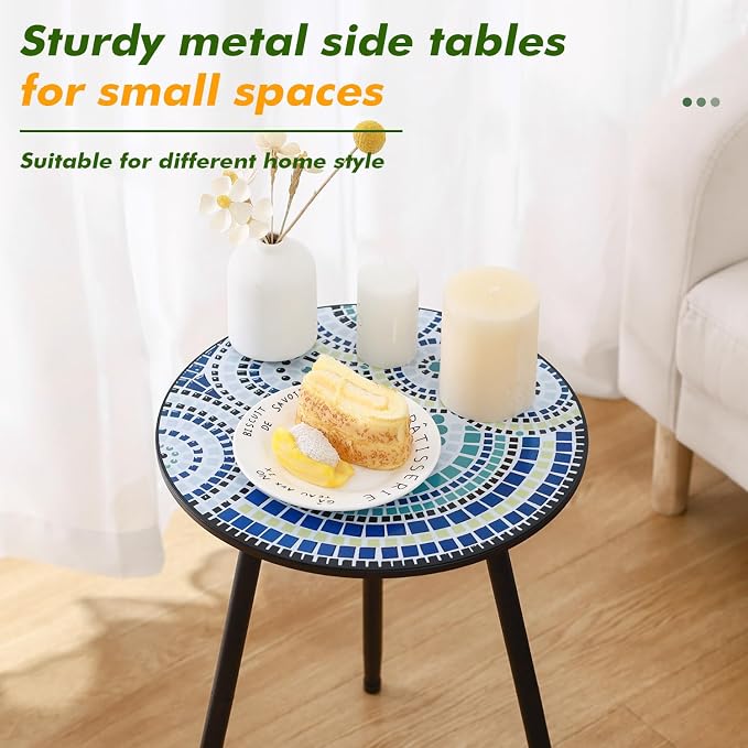 1 Pack Metal Outdoor Side Table Small Outside Round End Table for Patio Modern Accent Garden Corner Table for Small Spaces, Balcony, Porch, Weather-Resistant, Plant Stand Indoor, Round Mosaic - Image 4