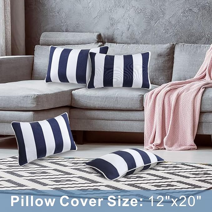 JMGBird Outdoor Lumbar Pillows, Water-Repellent Throw Pillows with Insert, Pack of 2, 12×20 Inch- Add a Pop of Color Outdoors (Blue and White)