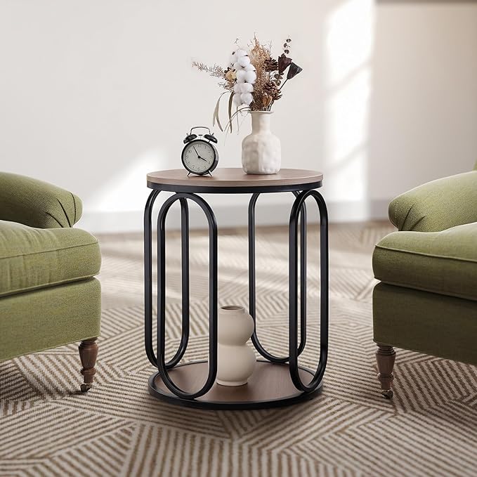 BECHAEO Small Side Table, 19.7" 2-Tier Round Bedside Table with Storage, Wood Industrial Design End Tables for Living Room, Bedroom, Office, Bathroom, Cream Brown