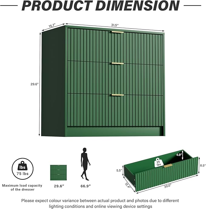 Furniway Green Dresser Bedroom Set 3 Pieces, Nightstands Sets of 2, 5 Drawer Dresser with Gold Handles for Bedroom