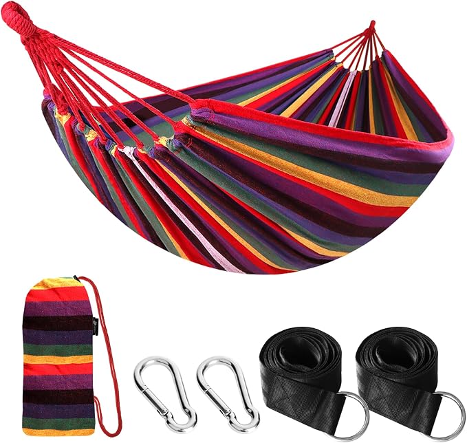 ANYOO Cotton Hammock Portable Camping Hammocks for Hanging Sturdy Garden Comfortable Fabric Hammock with Tree Straps Up to 660lbs with Travel Bag for Camping Outdoor/Indoor Patio Backyard by Anyoo