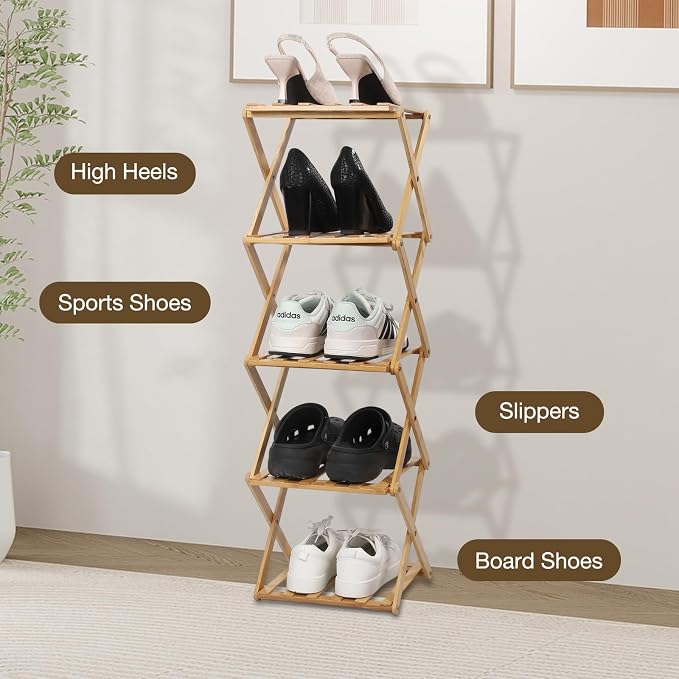 Bamboo Shoe Rack 5 Tier Foldable Shoe Rack Vertical Bamboo Shoe Organizer Free Standing Shelf for Entryway, Closet, Bedroom, Wood Color - Image 5