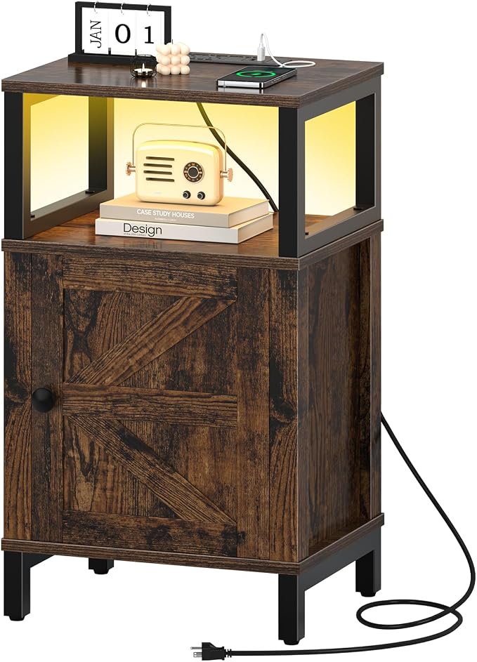 Yoobure Farmhouse NightStand with Charging Station，Wood Night Stand End Table with USB Ports, LED Bed Side Table with Storage Cabinet，Bedside Table for Bedroom, Living Room Rustic Brown by Yoobure
