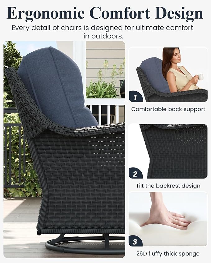 LayinSun 9 Piece Wicker Outdoor Furniture Set with 6-inch Comfy Cushions, High Back Patio Furniture Set with Swivel Rocking Chairs and Side Table