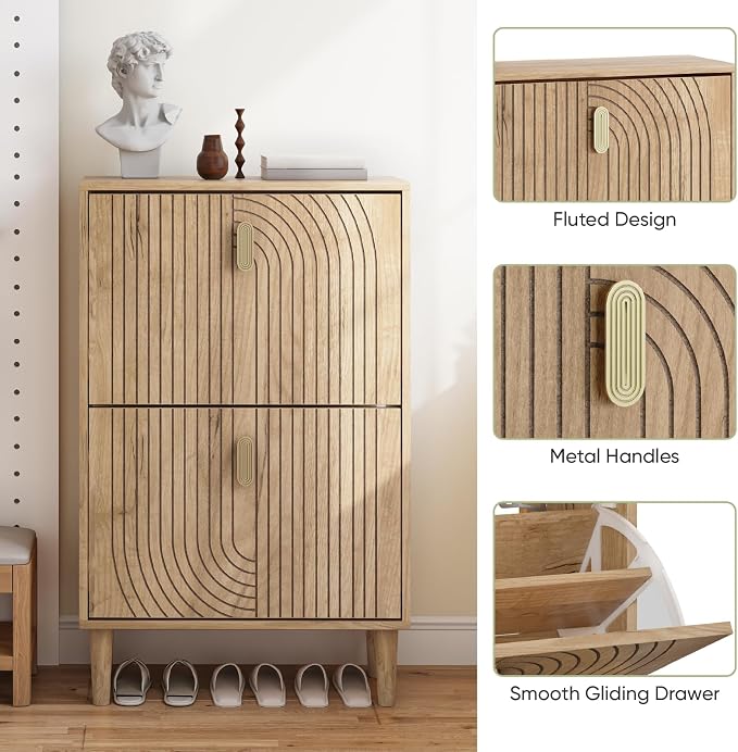 Smuxee Shoe Cabinet with 2 Flip Drawers, 23.6" Oak Hidden Shoe Storage Cabinet with Line Groove Design, Freestanding Shoe Organizer Cabinet for Entryway, Hallway, Living Room - Image 4