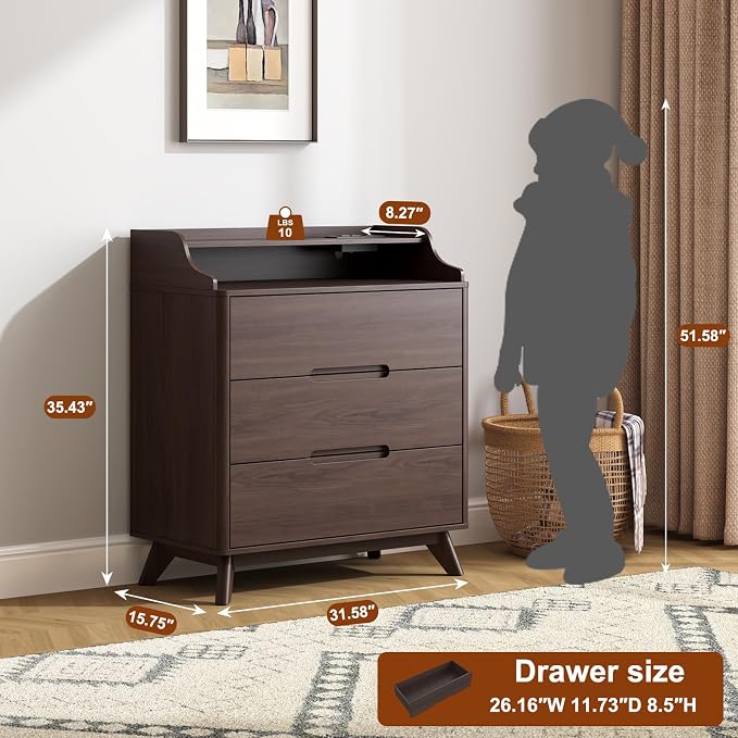 3 Drawer Dressers for Bedroom, 32" Large Wood Dresser w/Charging Station, Open Shelf Top, Pre-Installed Slides, Wide Modern Dressers with 3 Drawer Storage Organizer for Bedroom Living Room, Brown - Image 2