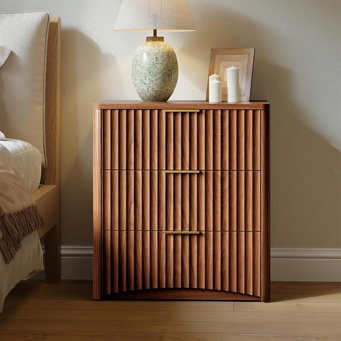 Evermagin Fluted Nightstand Set of 2, Walnut Bedside Table with 3 Drawers, Wood End Table with Storage Mid Century Modern, Large Night Stand for Bedroom - Image 3