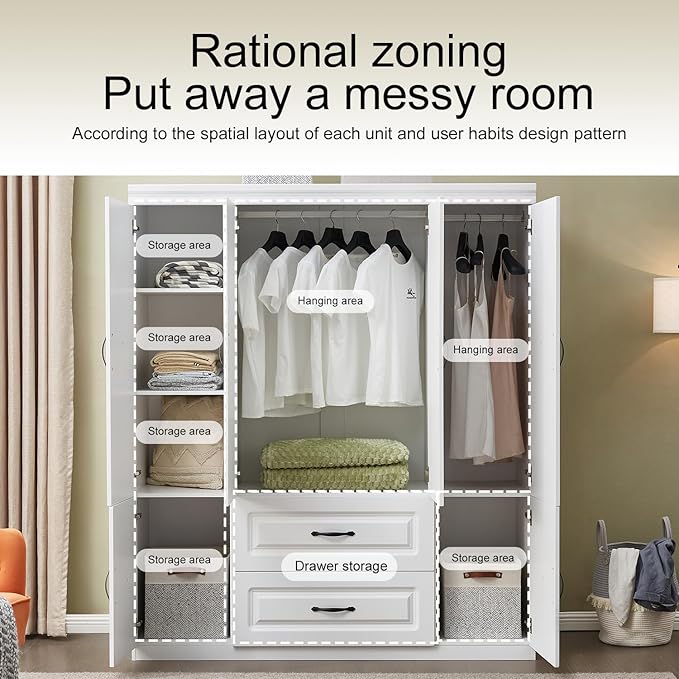GraceGrove Armoire Wardrobe Closet with 4 Doors Armoires and Wardrobes with 2 Drawers,Tall Cabinet Wardrobe Cabinet with Hanging Rail and Metal Handle for Bedroom White