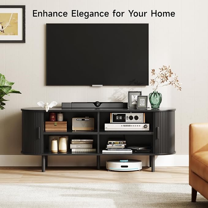 ONBRILL 55" TV Stand with Power Outlet for TVs up to 60 Inch, Entertainment Center with Storage and Adjustable Shelves, Modern Media Console with Sliding Doors for Living Room, Black - Image 3
