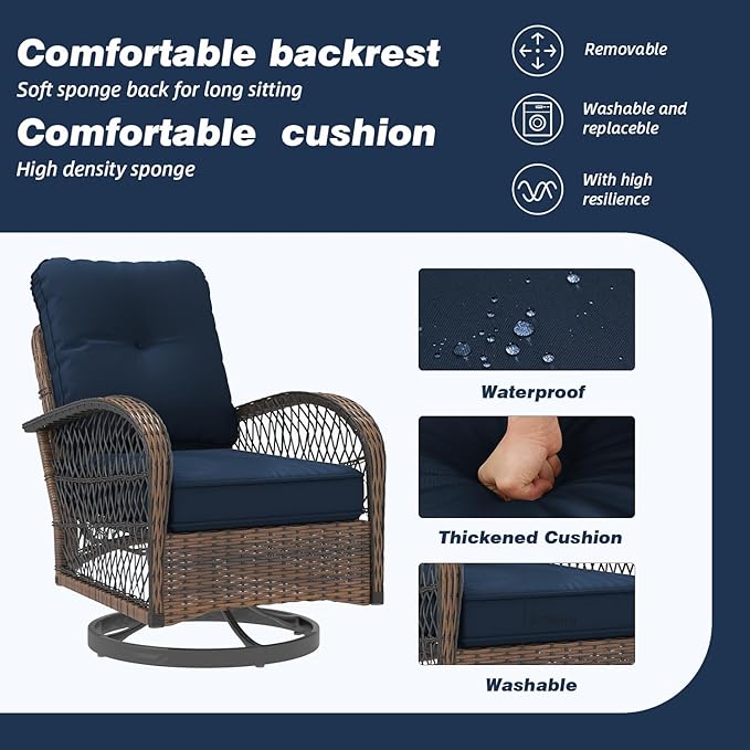 EROMMY 3 Pieces Patio Furniture Set, Outdoor Swivel Rocker Patio Chairs, Wicker Patio Bistro Set with Rocking Chair, Thickened Cushions and Glass Coffee Table for Backyard, Garden, Navy Blue