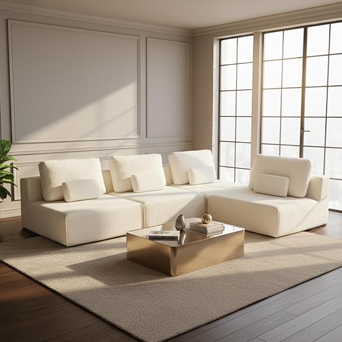 Modular Sectional Sofa, 3-Piece Beige Plush Velvet Couch Loveseat, No-Assembly Compressed Deep-Seat 3-Seat for Living Rooms Apartments Family Spaces