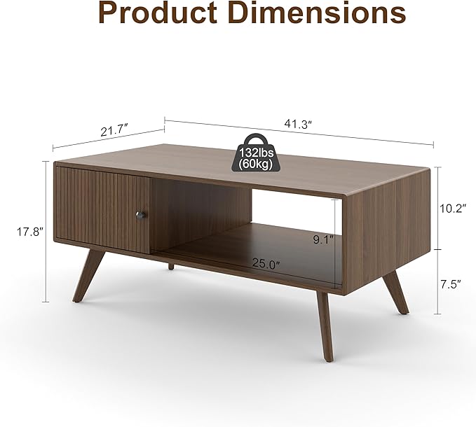 Manora Mid Century Modern Coffee Table with Storage Cabinet and Open Shelf, Wooden Living Room Table with Fluted Drawer and Solid Wood Legs, Walnut Finish Center Table for Small Spaces