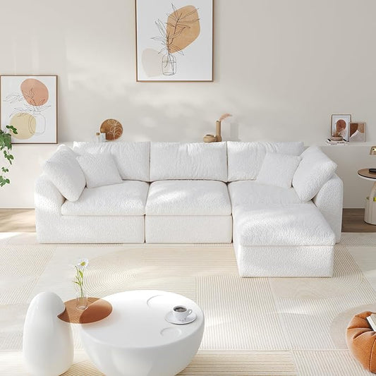 108" Modular Sectional Sofa Boneless Cloud Couch for Living Room, L Shape Deep Seat Recliner Sofa with Ottoman, Adjustable Backrest & 2 Throw Pillows - Covers Washable, (White, 3 Seater+1 Ottoman)