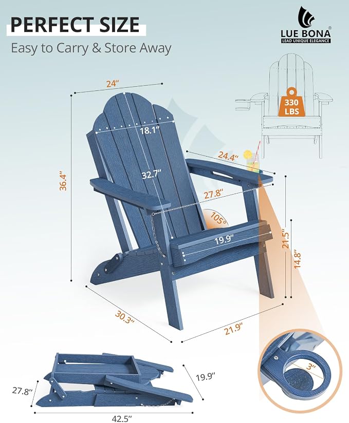 LUE BONA HDPE Folding Adirondack Chairs Set of 4 - Weather Resistant Seating with Cup Holder for Patio, Fire Pit, Deck & Resort Garden, Blue - Image 3