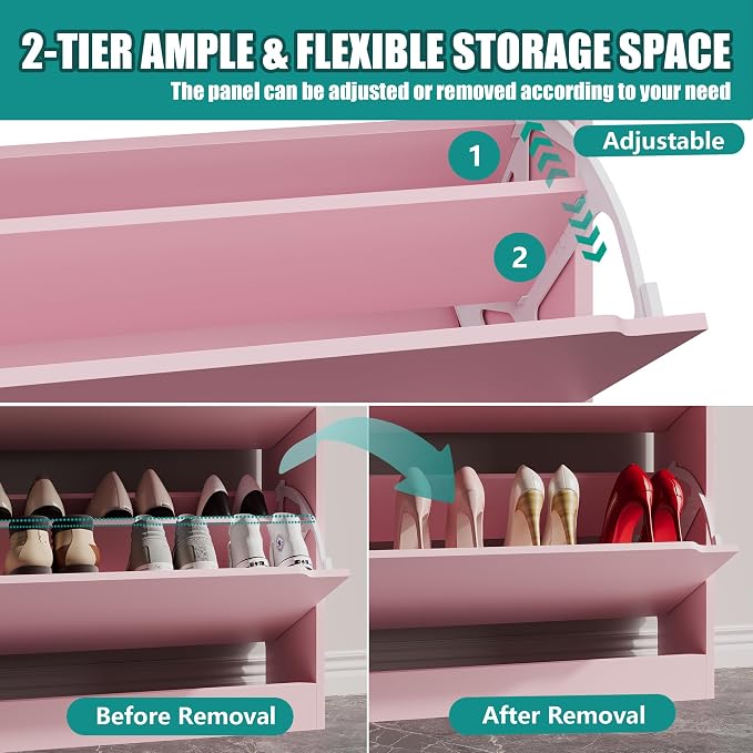 Xixini Shoe Storage Cabinet for Entryway with 3 Flip Drawers, Sturdy Wood Hidden Shoe Storage, Freestanding Narrow Slim Shoe Organizer for Front Door Entrance, Living Room, Hallway, Bedroom, Pink - Image 4