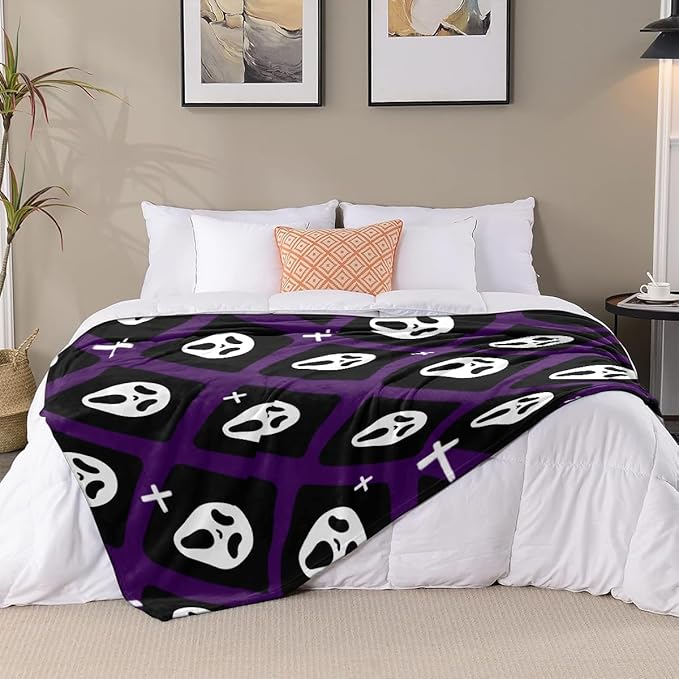 Halloween Spooky Face Blanket, Purple and Black, Soft Ghost Throw for Travel, Office, Home (50" x 40")
