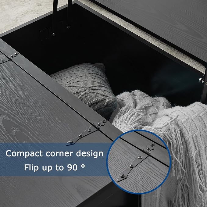 Black Coffee Table with Storage, Cocktail Table with Hinged Lift Top, Farmhouse Square Wood Center Table with Large Hidden Storage Compartment for Living Room, Square Coffee Table, Metal Edges Decor