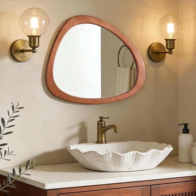 WallBeyond Asymmetrical Mirror, Irregular Wall Mirror for Bathroom, Bedroom, Living Room, Entryway, Hall - Walnut Wood Framed 23" H x 19" W - Image 2