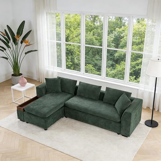 93.7" L-Shaped Sectional Sofa with Storage Chaise, Modern Couch for Living Room, Chenille Upholstered Couch with Deep Seats & Throw Pillows, Modern Corner Sofa for Living Room, Green