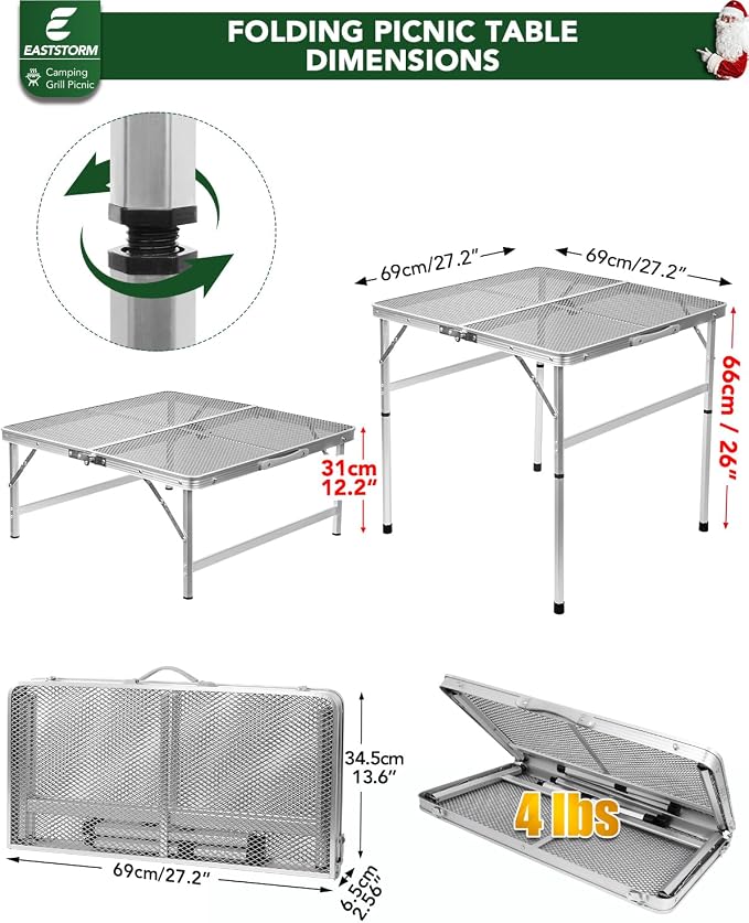 Square Folding Card Table with Adjustable Height (12" & 26"), Silver Portable Metal Mesh Table for Camping, BBQ, Picnic, Game, Patio & Indoor Use, Fits 2–4 People, Lightweight 7.6 lb, Supports 66 lb - Image 3