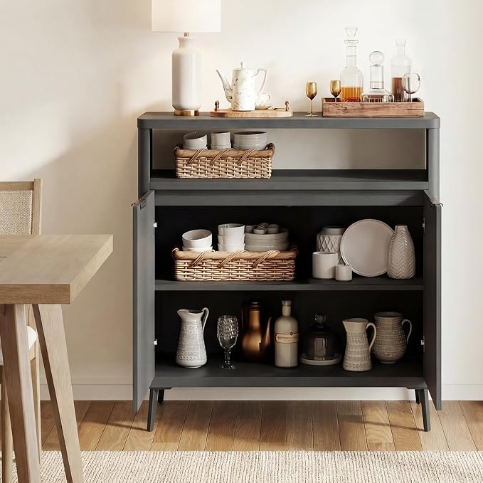 Fatmok Fluted Buffet Cabinet with Storage, 31.4" Wide Wood Sideboard Credenza with 2 Doors & Open Storage Shelf, Modern Coffee Bar Table for Living Room Kitchen Dining Room,Black Grey - Image 4