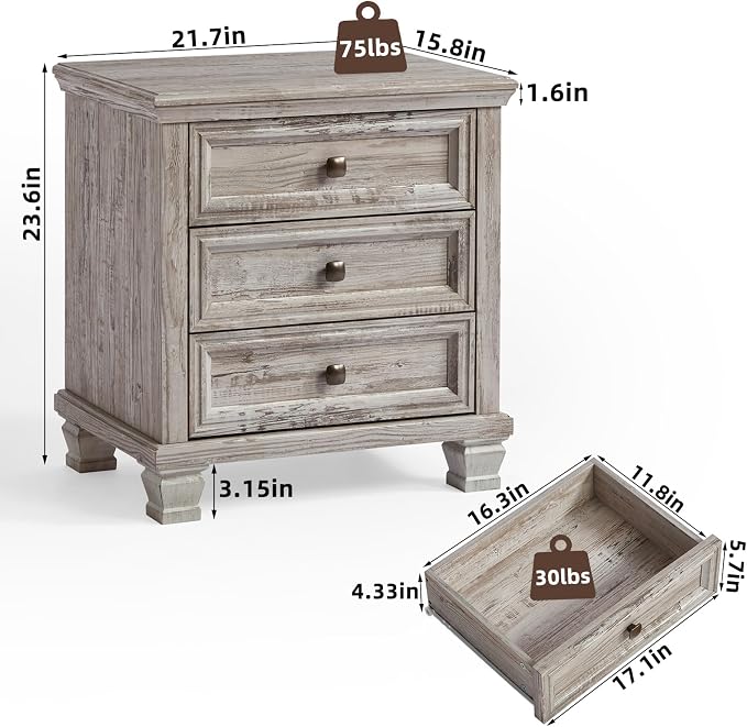 SAVOR LIFE Farmhouse Nightstand Set of 2, Rustic Accent End Table with 3 Drawers & 4 Square Solid Wood Legs, Vintage Bed Side Table with Storage, Small Dresser for Bedroom, Living Room, Grey - Image 2