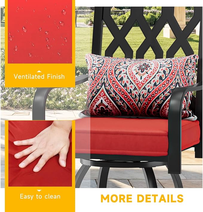DWVO Metal Outdoor Bar Stools Set of 6, Heavy-Duty Bar Height Outdoor Chairs 352 Lbs Capacity, All-Weather E-Coated Swivel Barstools with Red Cushion & Paisley Pattern Pillow for Patio Deck Balcony - Image 3