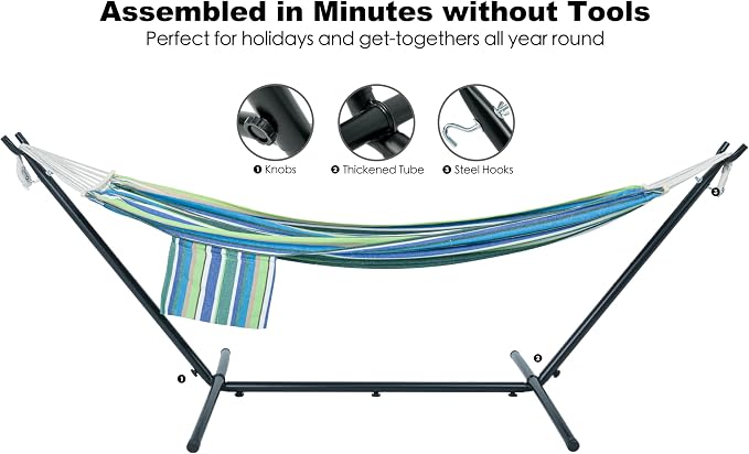 GAFETE Double Hammock with Stand for Outside, Upgraded Spreader Bar, Heavy Duty Space Saving Steel Stand 2 Person, Convenient Pocket, Easy Assembly, 600lbs Weight Capacity, Indoor & Outdoor (Garden) - Image 6