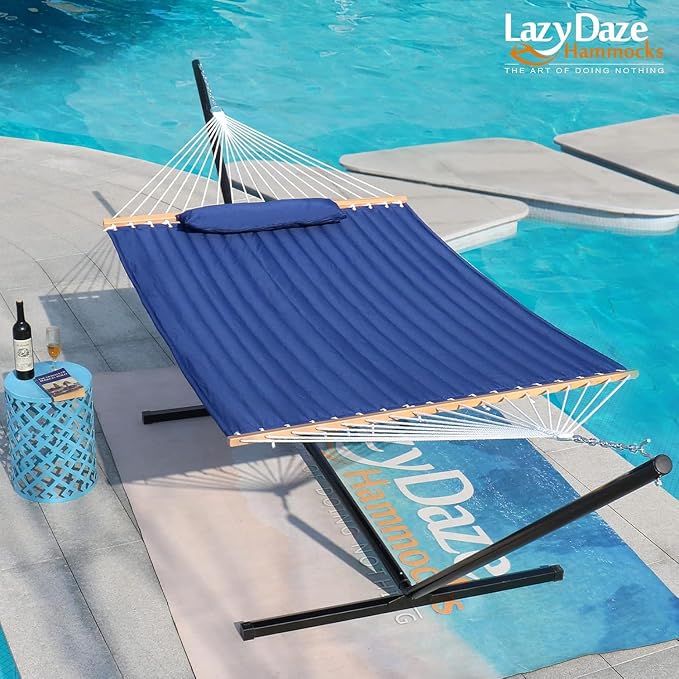 Lazy Daze Hammocks 12 FT Double Quilted Fabric Hammock with Spreader Bar and Detachable Pillow, 450lbs Weight Capacity, Navy Blue - Image 7