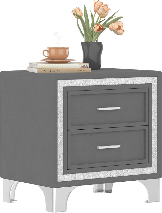 Bellemave 2-Drawer Nightstand with Silver Glitter Strip Decor and Metal Legs, Vintage Upholstered Nightstand, Velvet Bedside Table for Bedroom (Grey) - Image 5